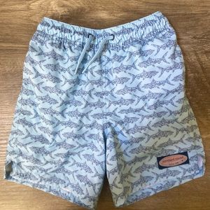 Vineyard Vines Boy’s Sz 5 Blue Shark Print Swim Trunks Mesh Lined Pockets